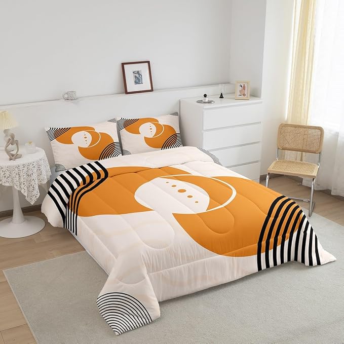 Erosebridal Orange Minimalist Bedding King Mid Century Comforter Set, Geometric Circle Duvet Insert Black Creamy White Aesthetic Down Comforter, Modern Bedding Comforter Sets Microfiber 3 Pieces
