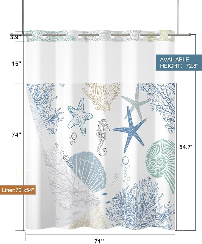 No Hook Shower Curtain with Snap in Liner Set - Sea Seashells, Starfish & Coral Print Shower Curtains for Coastal Nautical Ocean Bathroom, Waterproof Bath Curtain with Mesh Top, 71x74 Inch