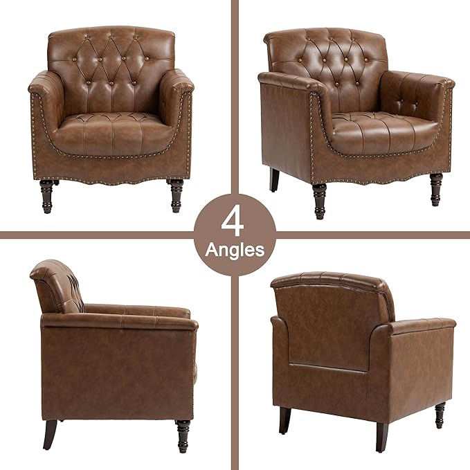 Lumibee Faux Leather Accent Chairs Set of 4, Upholstered Armchairs with Nailhead Trims & Wood Legs for Living Room, Bedroom, Contemporary Comfy Club Chairs for Office-Brown