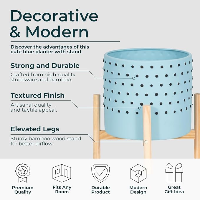 Ceramic Planter With Stand Indoor – Plant Stand Indoor For Elevated Greenery, Living Room Or Patio Placement, Textured Blue Home Decor Design Adds Height And Visual Impact – 11", Blue