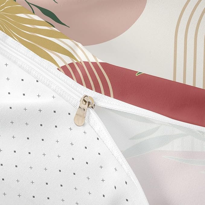 Erosebridal Boho Geometric Leaves Duvet Cover Toddler for Kids Boys Girls,Red Pink Gold Green Comforter Cover,Abstract Art Bedding Set,Retro Mid Century Bed Set 2 Pcs Bedroom Decor