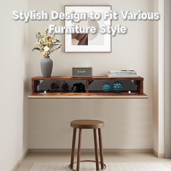 Floating Solid Wood Console Table, 32'' Wall Mounted Narrow Entryway Table with Storage Shelf, Modern Couch Shelves Small Entry Way Tables for Entryway, Front Hall, Hallway (Rustic Brown)