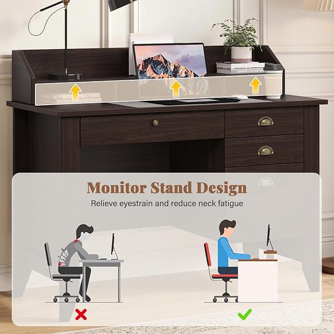 4 EVER WINNER Small Desk with Drawers, Office Desk with File Drawer and Monitor Stand, Writing Desk Study Table for Small Spaces, Espresso