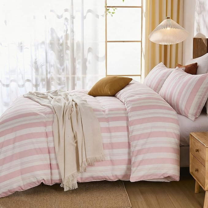 Merryword Pink Striped Duvet Cover Set King Size, 100% Cotton Bedding Set with Zipper Closure & 8 Corner Ties, Awning Stripe Bedding, Soft Breathable Comforter Cover for All Seasons