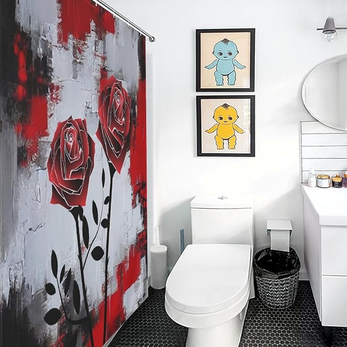 Red Rose Abstract Shower Curtain Nature Red Rose Floral Valentine's Day Artistic Waterproof Shower Curtains for Bathroom Decor 12 Pack Hooks 55x72in（140x183cm）