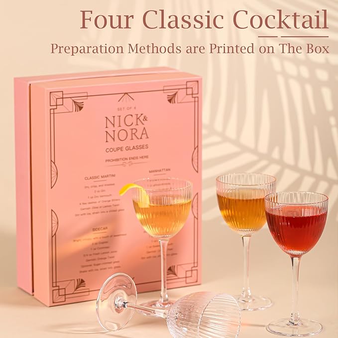 Vintage Art Deco Nick and Nora Cocktail Glasses – 5 oz Crystal Ribbed Coupe Glassware for Martinis, Manhattans & Classic Gin Drinks | Great Gatsby & The Thin Man Inspired Barware Gift Set of 4