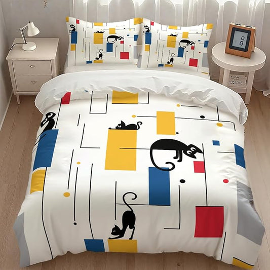 Mid Century Bedding Set,Retro Black Cat 1950s 1960s Abstract Atomic Colorful Geometric Pattern Modern Comforter Set with Pillowcase for Bedroom Bed Decor,King 102"x90"