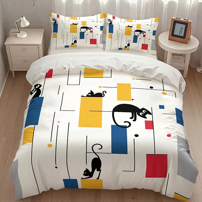 Mid Century Bedding Set,Retro Black Cat 1950s 1960s Abstract Atomic Colorful Geometric Pattern Modern Comforter Set with Pillowcase for Bedroom Bed Decor,Queen 90"x90"