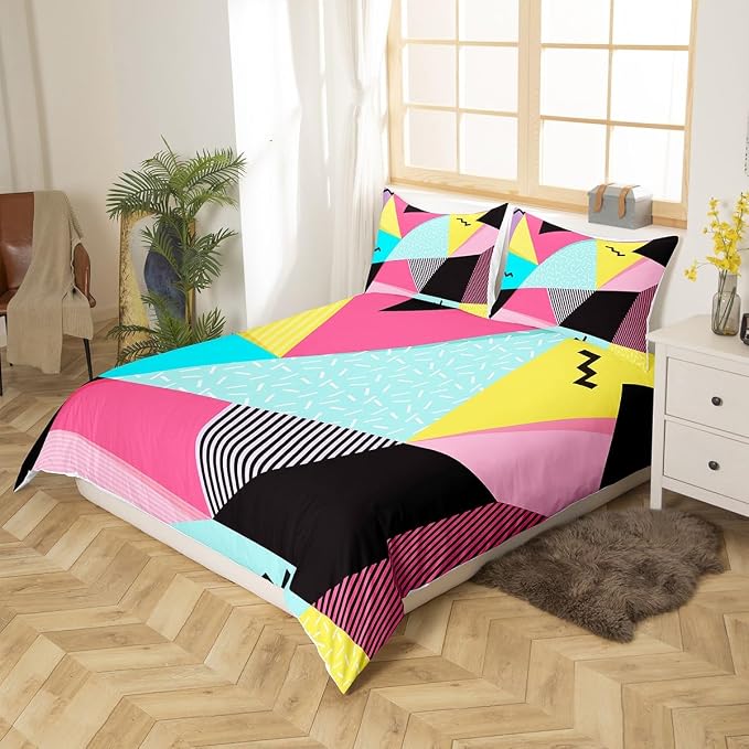 Memphis Duvet Cover Set Queen Size, Retro 80s 90s Fashion Style Comforter Cover with 2 Pillowcases, Colorful Triangle Geometric Bedding Set for Kids Boys Girls Lightweight Bedspread Cover,No Comforter