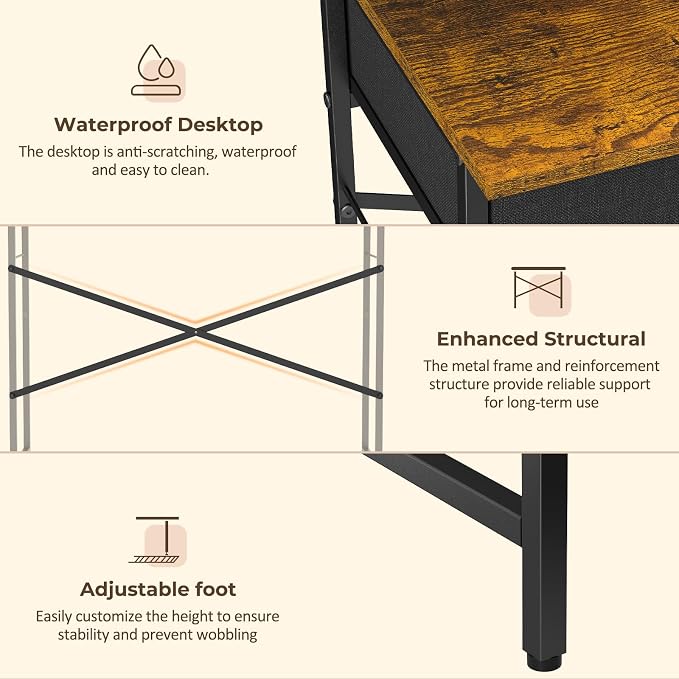 DAOUTIME Small Writing Desk for Kids Bedroom, 31.5 Inch Computer Desk for Small Spaces, Simple Desk with 2 Fabric Drawers for Home Office, Dorm, Living Room, Home Study Table, Rustic Brown