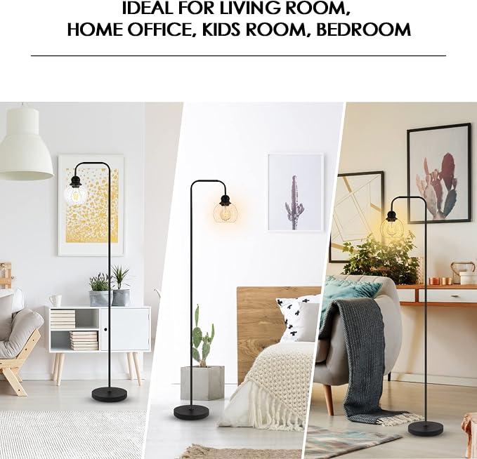 Modern Floor Lamp for Living Room with 6W LED Bulb, Industrial Floor Lamp, Seeded Glass, Black Classic Reading Tall Lamp for Home Office, Standing Lamps for Bedroom, Minimalist, Vintage, Farmhouse