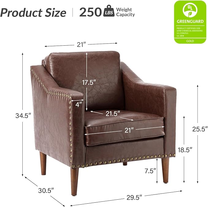 HULALA HOME Faux Leather Accent Armchair with Back & Seat Cushions, Traditional Club Chair with Nailhead Trim, Comfy Upholstered Sofa Chair for Living Room Bedroom, Brown