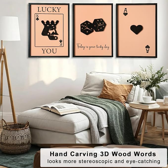 3D Wood Poker Wall Art, Framed Retro Game Wall Decor, Rustic Vintage King and Heart Wall Art for Game Room Home Hallway Bar (Ready to Hang, 12x16 inches, Set of 3, Framed)
