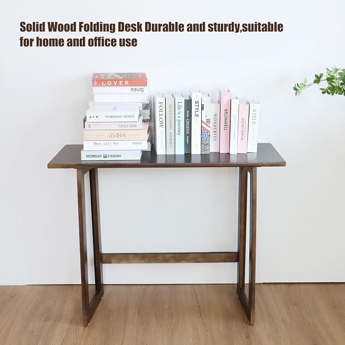 Solid Wood Folding Desk Mid Century Modern Table, 47'' Foldable Writing Computer Desk for Home Office, Simple Study Makeup Workstation, Wooden Study Office Desk Table for Small Spaces
