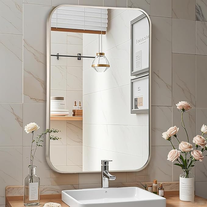 Brushed Nickel Mirror, 24x36 Inch Brushed Nickel Rectangle Mirror, Aluminum Alloy Framed Vanity Mirror, Rounded Rectangle Bathroom Mirror for Over Sink, Anti-Rust
