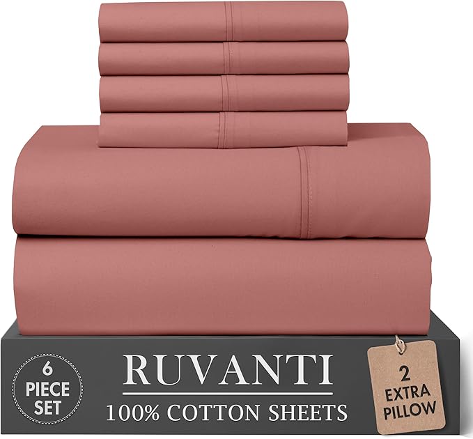 RUVANTI 100% Cotton Percale Sheets King Size 6 Piece Set, Cooling Bed Sheets for Hot Sleepers, Deep Pocket 16”, Breathable Lightweight & Durable, Crisp Hotel Style Sheets, Terracotta