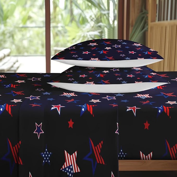 Pamnest Full Size Bed Sheet Sets, American Flag Patriotic Soft Microfiber 4 Pcs Bedding Sets for Kids and Adults Bedroom Bed Decor, 4Th July Fourth Flat, Fitted Sheet and 2 Pillowcases