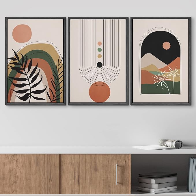 wall26 Framed Canvas Print Wall Art Set Boho Mid-Century Geometric Desert Plant Landscape Nature Abstract Illustrations Modern Bohemian Decorative for Living Room, Bedroom, Office - 16"x24"x3 Black