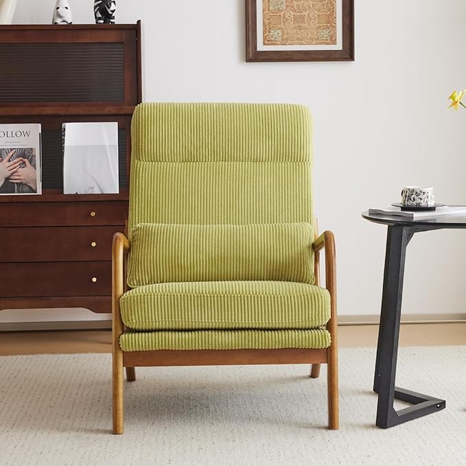 Karl home Mid-Century Modern Accent Chair, Living Room Chairs with Pillow High Back Corduroy Upholstered Lounge Armchair with Solid Wood Frame & Soft Cushion for Bedroom, Reading Room, Green