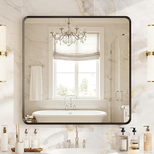 36x36 inch Black Bathroom Mirror, Rectangle Metal Aluminum Alloy Frame, HD Tempered Glass, Horizontal or Vertical Hanging, Modern Bathroom Decor