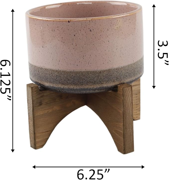 Flora Bunda Mid Century 5.1 inch Lava Ceramic ON Wood Stand,Pink and Mauve
