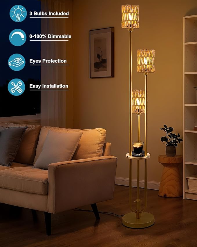 Lightdot Dimmable Boho Floor Lamps with Table 3-Lights Farmhouse Floor Lamp 3000K Warmwhite Bulbs Included Rustic Gold Standing Lamp with 5Lbs Heavy Base for Living Room/Sofa Beside/Corner Decor