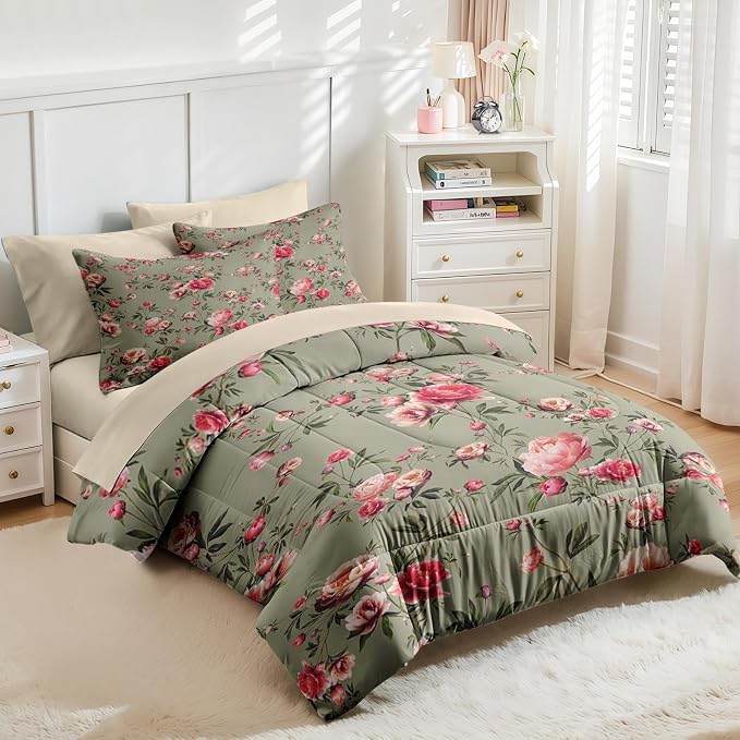 Nesker 7 Pcs Comforter Set Queen Size, Vintage Floral Beige Bedding Set for Kids and Adults, Rose Flower Pink Sheets Bed Sheet Sets with Fitted Sheet 2 Pillowcases & 2 Shams