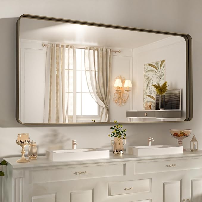 WEER 60x36 Inch Bronze Bathroom Mirror for Vanity, Brushed Bronze Metal Frame Mirror for Wall, Rounded Rectangle Bronze Frame Mirror with Tempered Glass, Anti-Rust (Horizontal/Vertical)