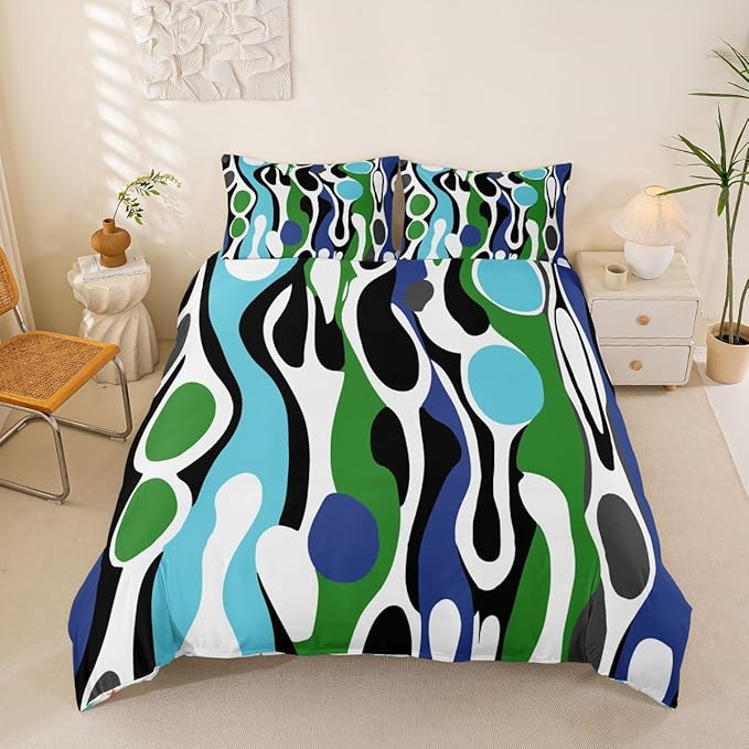 Erosebridal Mid Century Modern Abstract Duvet Cover Set Vintage Geometric King Bedding Set for Adult Men Contemporary Organic Shapes Comforter Cover Squiggle Blob Bed Sets,Blue Turquoise