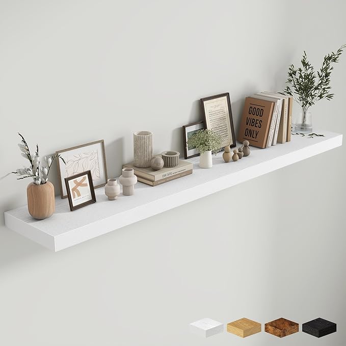 Fun Memories 72 Inch Fireplace Mantel Shelf, 12 Inch Deep Shelves for Display & Wall Storage, Rustic Wood Wall Shelf, Extra Long Floating Shelves for Living Room Laundry Room, White, Set of 1