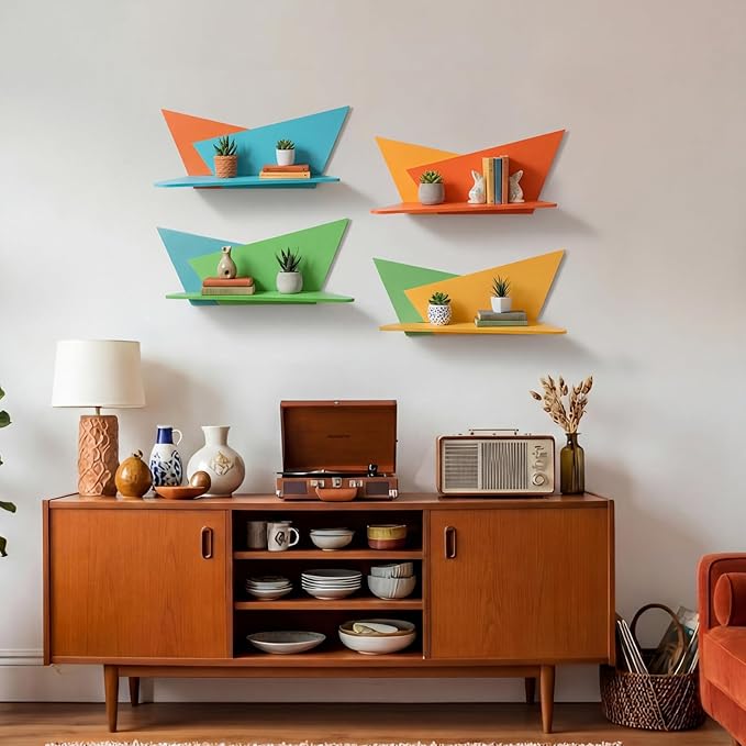 Threehoney Mid-Century Modern Wall Set of 4 Colorful Floating Display Shelves Retro Style Starburst Wall Mounted Shelves Storage for Bedroom, Living Room Decor(Folding Geometry)