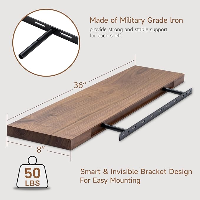 Axeman Walnut Floating Shelves for Wall - 36 Inch Walnut Wood Shelves Set of 2-8 Inch Deep Natural Wooden Shelves for Room Wall Decor