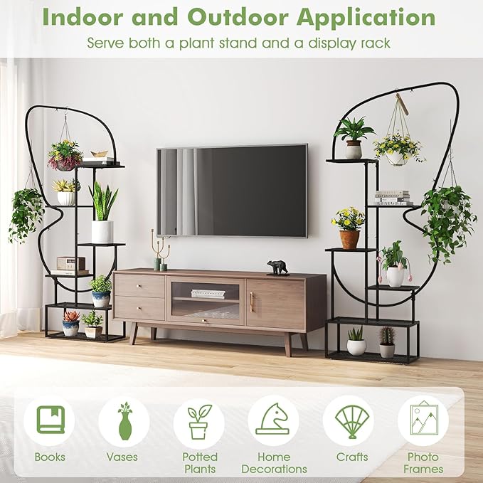 Giantex 2 Pack 6-Tier Plant Stand Indoor, Butterfly-Shaped Metal 73” Tall Ladder Plant Shelf w/ 4 Hanging Hooks, Outdoor Flowerpot Display Rack for Multiple Plants Living Room Balcony Patio Garden