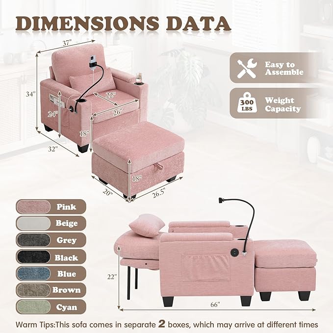 Small Chaise Lounge Chair Indoor with Ottoman&Adjustable Backrest,Chenille Tufted Recliner Comfy Sofa Chair with USB,Phone Holder&Storage Arms,Convertible Sleeper Couch Bed for Living Room(37"W,Pink)