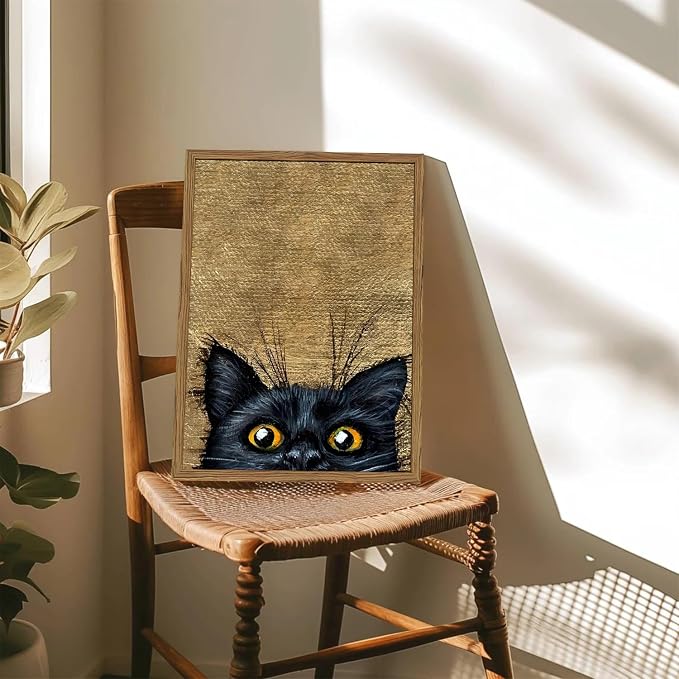 Cute Black Cat Wall Art Funny Cat Wall Decor Painting, Eclectic Animal Poster Canvas Print Picture for Living Room Bedroom 12x16 inch Wood Framed