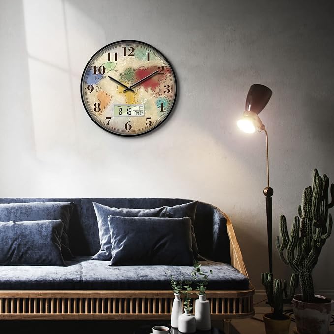 Vintage World Map Wall Clock, 12 Inch Silent Non-Ticking Battery Operated Analog Clock with LCD Date Day Temp Display, Decorative for Living Room, Bedroom, Kitchen, Study, Dining Room