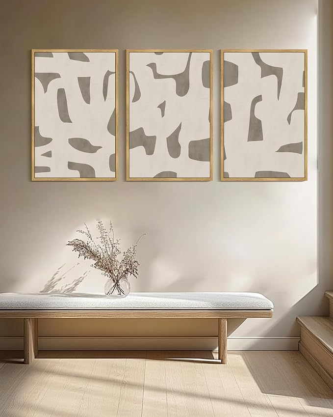 KUVIOKE Bohemain Abstract Framed Wall Art Brown Mid-Century Duotone Minimal Dark Brush Stroke Neutral Modern Minimalist Painting Decorative Artwork 24x36in (Natural Framed)