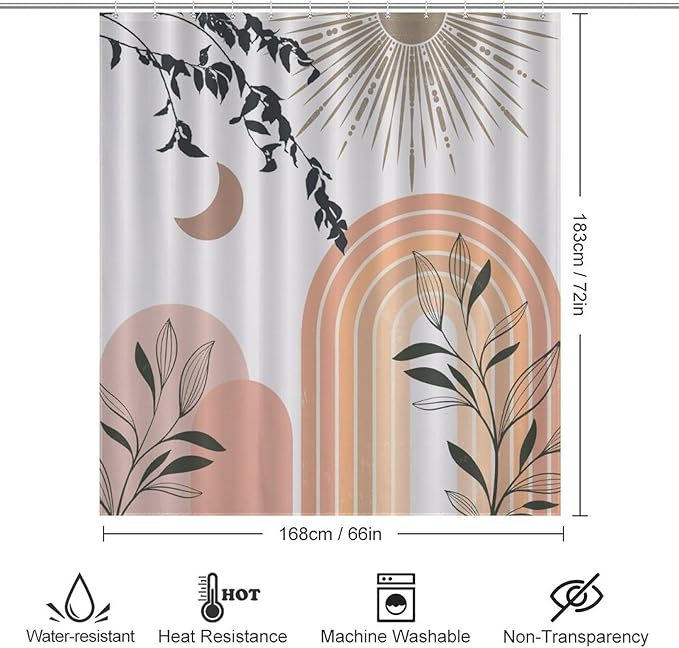 Mid Century Abstract Boho Shower Curtains Geometric Leaf Sun Modern Cafe Waterproof Shower Curtains for Bathroom Decor 12 Pack Hooks 66x72in（168x183cm）