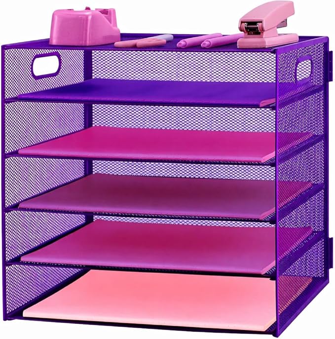 5 Tier Lettrer Tray Organizer, Metal Mesh Desk File Organizer with Sliding Trays, Paper Sorter Desk Organizer for Home Office School, Purple