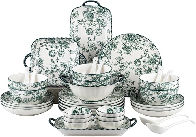 36-Piece Ceramic Dinnerware Set, Service for 6, Vintage Green Rose Floral Plates and Bowls Sets, Microwave & Dishwasher Safe, Porcelain Dinnerware Set for Kitchen & Dining