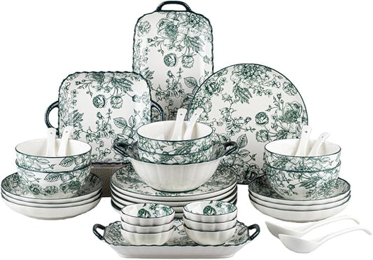36-Piece Ceramic Dinnerware Set, Service for 6, Vintage Green Rose Floral Plates and Bowls Sets, Microwave & Dishwasher Safe, Porcelain Dinnerware Set for Kitchen & Dining