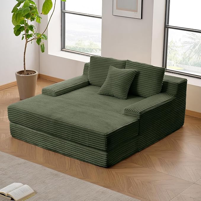59 Inch Boneless Chaise Lounge Chair Indoor - Oversized Corduroy Upholstered Sleeper Sofa Bed Reading Chair, Cozy Cloud-like Boneless Loveseat Couch for Living Room, No Assembly Required,Green