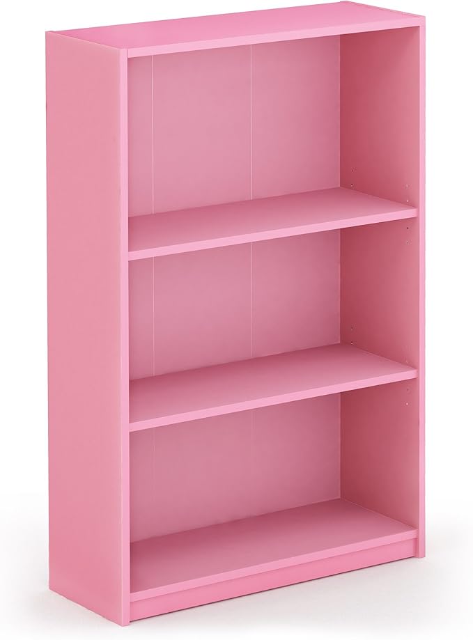 Furinno JAYA Book Shelf, 3-Tier Bookshelf, Bookcase with Adjustable Shelves, 9.5 x 24.5 x 40.3, for Organization and Storage, for Living Room, Bedroom, Home Office, Pink