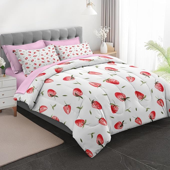 5Pcs Comforter Set Twin Size, Cute Red Strawberry Fruit, Bedding Decor Pink Strawberries Party Girly Bedroom Bed Set with Flat Sheet Fitted Sheet Pillowcases Shams for Kids and Adults
