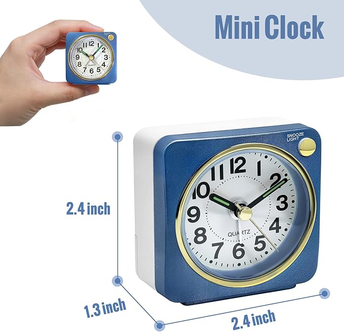 Lamisola Mini Travel Alarm Clock, Small Battery Analog Alarm Clock, Bedside Desk Clocks for Bedrooms, Vintage Home Decor for Bathroom Kichen Office Room, Sapphire Blue