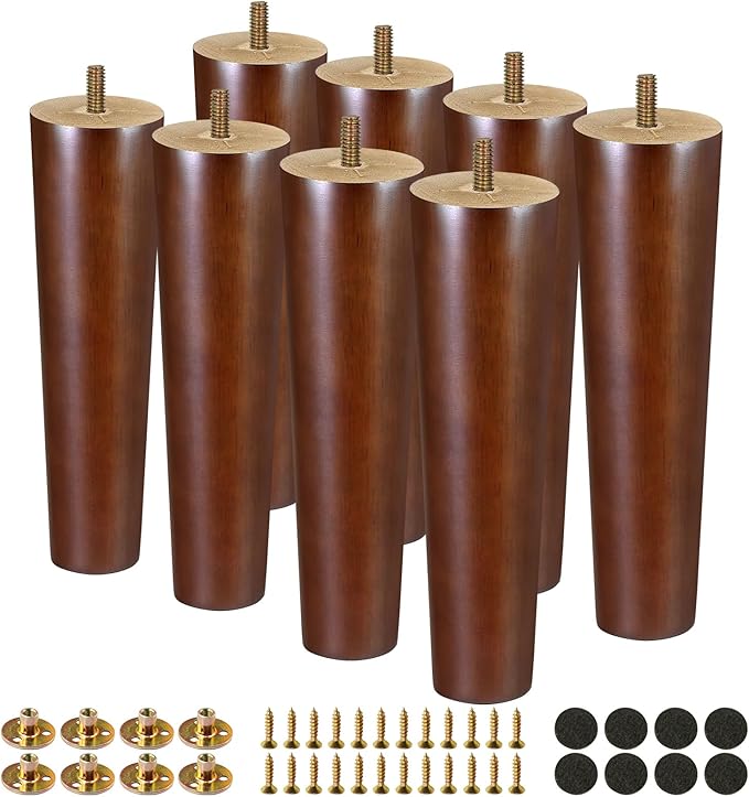 FoDau770 Brown Rubber Wood Furniture Legs 8 Inches, Straight Tapered Wood Feet Mid Century Sofa Legs Set of 8, 5/16" UNC Furniture Feet for Cabinet Couch Dresser Chair Ottoman Table