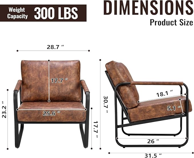 PrimeZone Mid-Century Modern Accent Chair Set of 3 - Comfy Faux Leather Living Room Chair, Lounge Armchair with Extra Soft Padded & Cushion, Ergonomic Accent Chair for Bedroom, Office, Brown