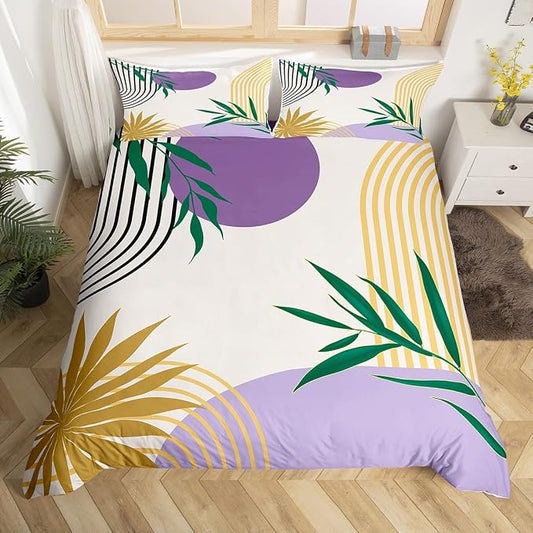 Erosebridal Geometric Leaves Duvet Cover Queen for Kids Teens Adults,Mid Century Purple Comforter Cover,Abstract Modern Boho Bedding Set,Gold Botanical Minimalist Bed Set 3 Pcs Bedroom Decor