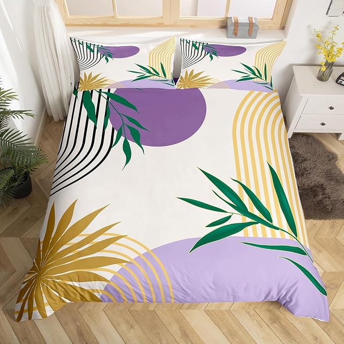Erosebridal Geometric Leaves Duvet Cover Twin for Kids Boys Girls,Mid Century Purple Comforter Cover,Abstract Modern Boho Bedding Set,Gold Botanical Minimalist Bed Set 2 Pcs Bedroom Decor