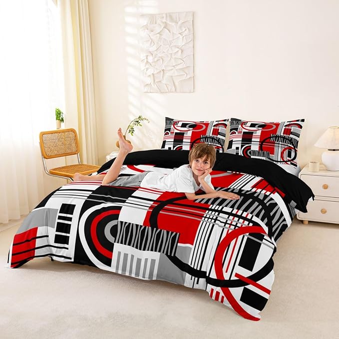 Erosebridal Art Deco Mid Century Duvet Cover Set Retro Modern Abstract Geometric Full Size Bedding Sets for Preteen Boys Girls Black and White Red Circles Stripes Comforter Cover Contemporary Bed Set
